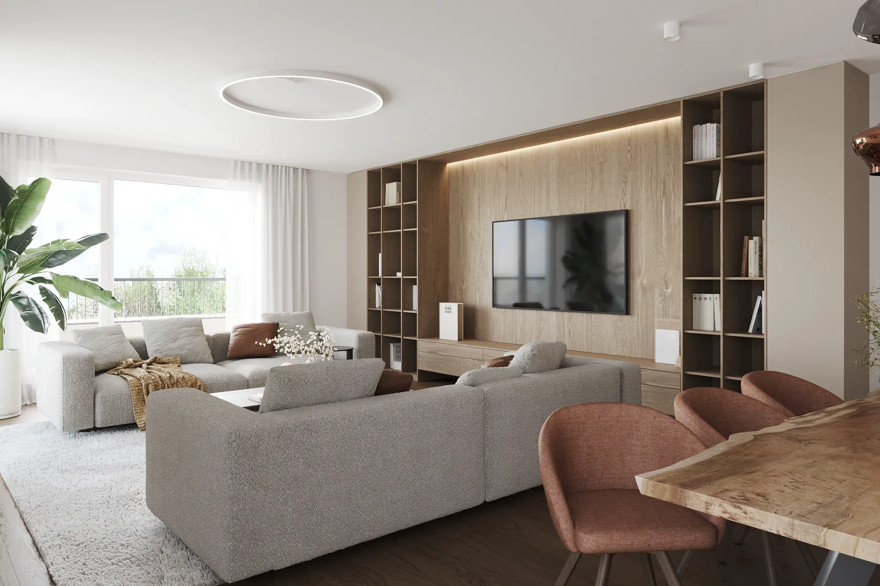 Designový obývací pokoj s výstupem do zeleně